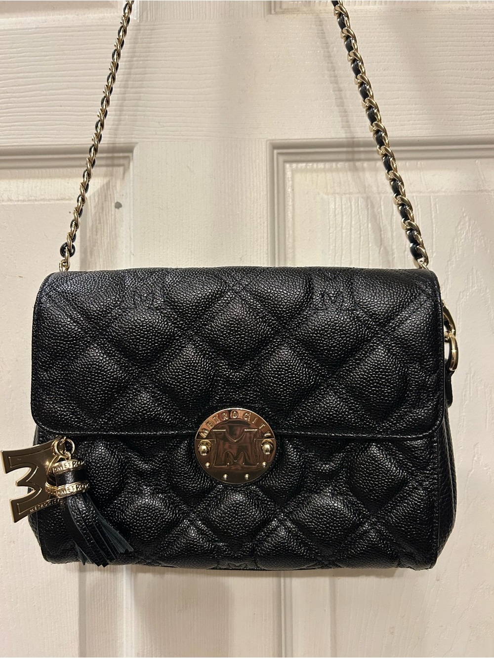 MetroCity Black Quilted Leather Chain Crossbody with Gold Accent